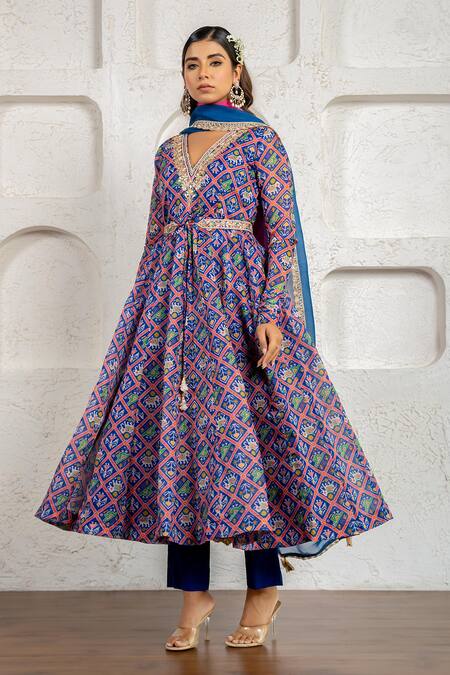 Shop_Yuvraani Jaipur_Blue Chanderi, Cotton, Organza Embroidery V-neck Floral Printed Anarkali Set _Online_at_Aza_Fashions