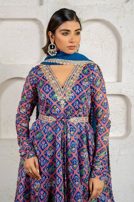 Buy_Yuvraani Jaipur_Blue Chanderi, Cotton, Organza Embroidery V-neck Floral Printed Anarkali Set 