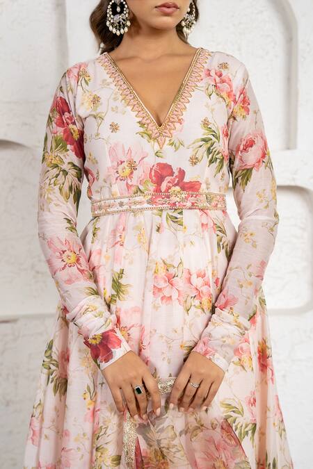 Shop_Yuvraani Jaipur_Peach Chanderi, Cotton, Organza V-neck Floral Printed Anarkali Set 