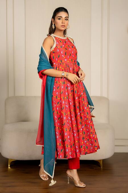 Buy_Yuvraani Jaipur_Red Chanderi, Cotton, Organza Lace, Multi-colored Floral Printed Anarkali Set _Online_at_Aza_Fashions