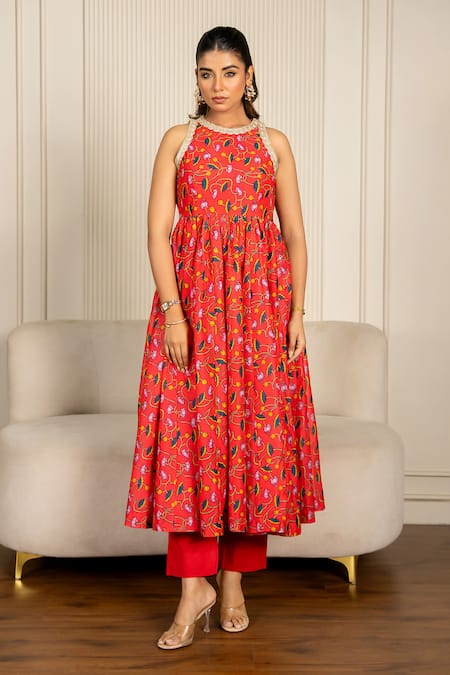 Yuvraani Jaipur_Red Chanderi, Cotton, Organza Lace, Multi-colored Floral Printed Anarkali Set _Online_at_Aza_Fashions