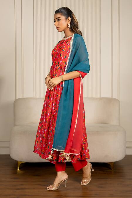 Shop_Yuvraani Jaipur_Red Chanderi, Cotton, Organza Lace, Multi-colored Floral Printed Anarkali Set _Online_at_Aza_Fashions