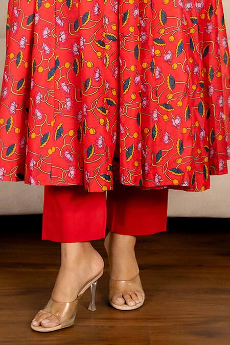 Yuvraani Jaipur_Red Chanderi, Cotton, Organza Lace, Multi-colored Floral Printed Anarkali Set _at_Aza_Fashions