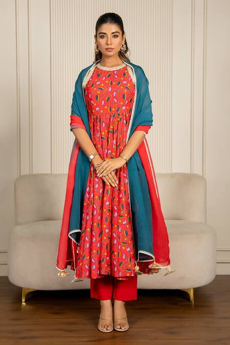 Shop_Yuvraani Jaipur_Red Chanderi, Cotton, Organza Lace, Multi-colored Floral Printed Anarkali Set 