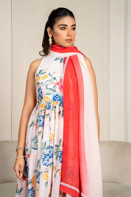 Buy_Yuvraani Jaipur_Multi Color Chanderi, Cotton, Organza Lace, Floral Printed Anarkali Set _Online_at_Aza_Fashions