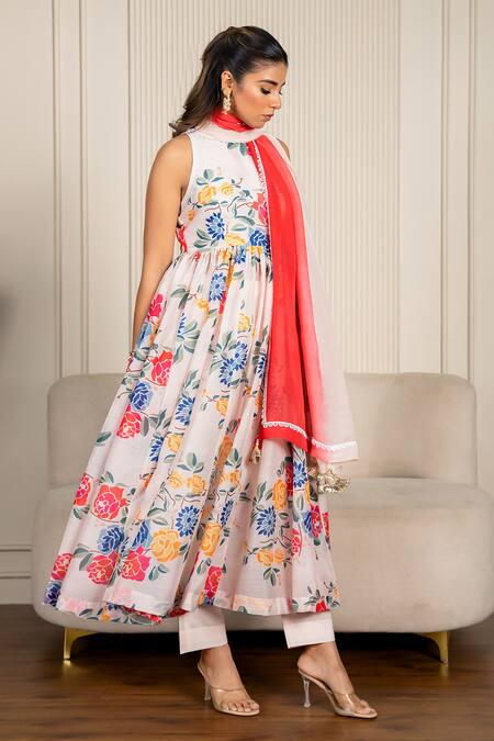 Shop_Yuvraani Jaipur_Multi Color Chanderi, Cotton, Organza Lace, Floral Printed Anarkali Set _Online_at_Aza_Fashions