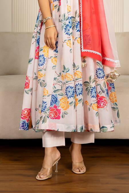 Buy_Yuvraani Jaipur_Multi Color Chanderi, Cotton, Organza Lace, Floral Printed Anarkali Set 