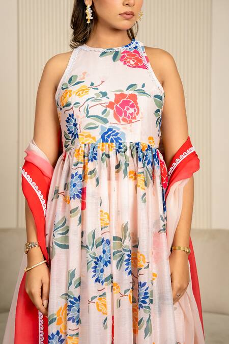 Shop_Yuvraani Jaipur_Multi Color Chanderi, Cotton, Organza Lace, Floral Printed Anarkali Set 