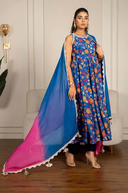 Yuvraani Jaipur_Blue Chanderi, Organza, Cotton Lace Halter Neck Floral Printed Anarkali Set _Online_at_Aza_Fashions