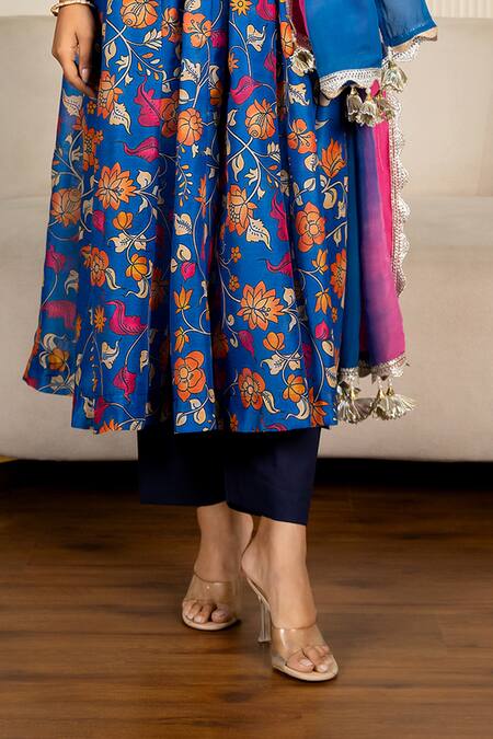 Buy_Yuvraani Jaipur_Blue Chanderi, Organza, Cotton Lace Halter Neck Floral Printed Anarkali Set _Online_at_Aza_Fashions