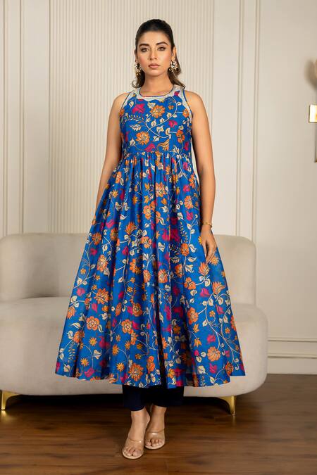 Shop_Yuvraani Jaipur_Blue Chanderi, Organza, Cotton Lace Halter Neck Floral Printed Anarkali Set _Online_at_Aza_Fashions