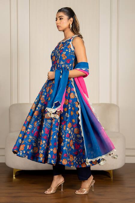 Yuvraani Jaipur_Blue Chanderi, Organza, Cotton Lace Halter Neck Floral Printed Anarkali Set _at_Aza_Fashions