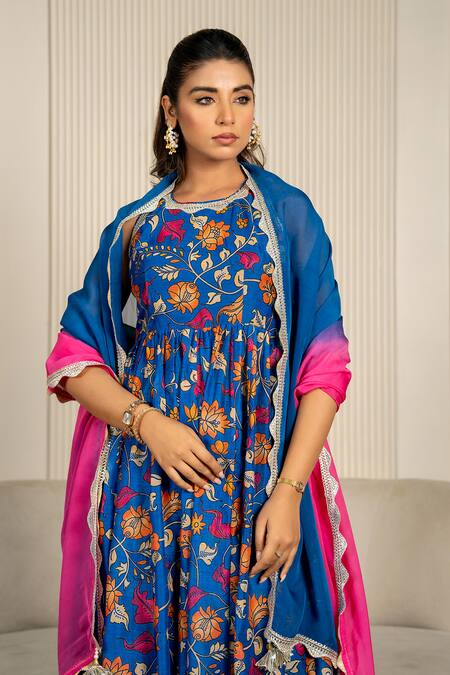 Shop_Yuvraani Jaipur_Blue Chanderi, Organza, Cotton Lace Halter Neck Floral Printed Anarkali Set 