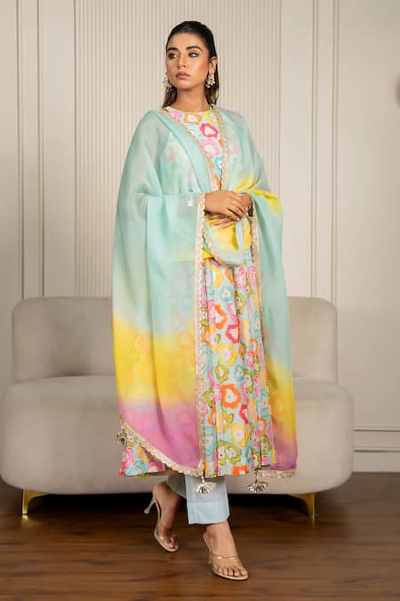 Buy_Yuvraani Jaipur_Multi Color Chanderi, Organza, Cotton Lace Halter Floral Printed Anarkali Set _Online_at_Aza_Fashions