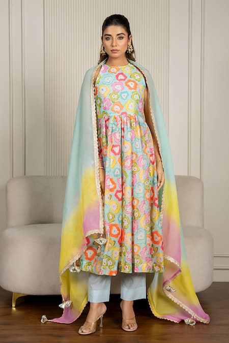 Yuvraani Jaipur_Multi Color Chanderi, Organza, Cotton Lace Halter Floral Printed Anarkali Set _Online_at_Aza_Fashions