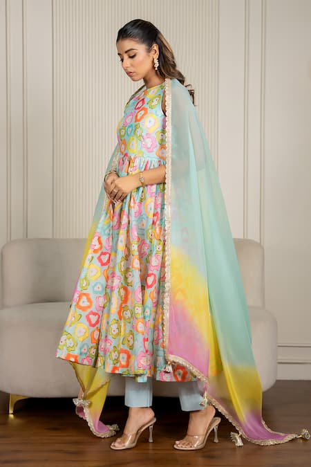 Yuvraani Jaipur_Multi Color Chanderi, Organza, Cotton Lace Halter Floral Printed Anarkali Set _at_Aza_Fashions
