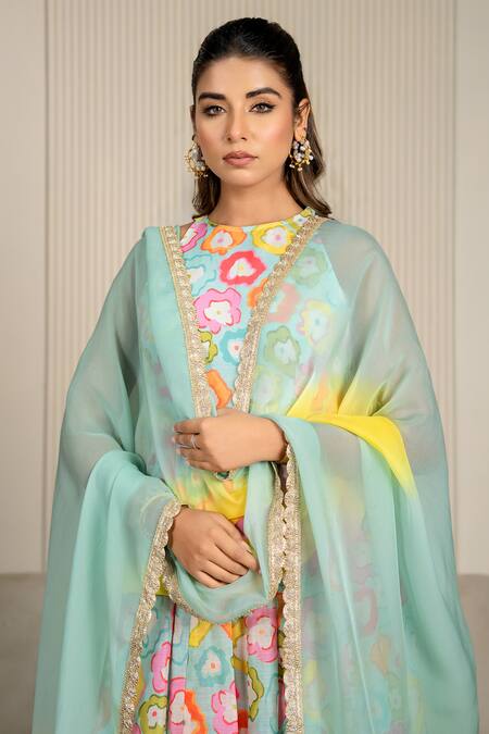 Buy_Yuvraani Jaipur_Multi Color Chanderi, Organza, Cotton Lace Halter Floral Printed Anarkali Set 