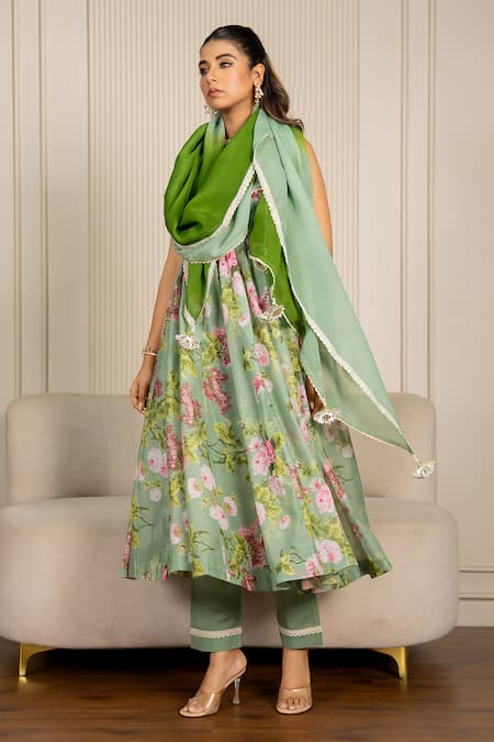 Shop_Yuvraani Jaipur_Green Chanderi, Organza, Cotton Lace Halter Floral Printed Pista Anarkali Set _Online_at_Aza_Fashions