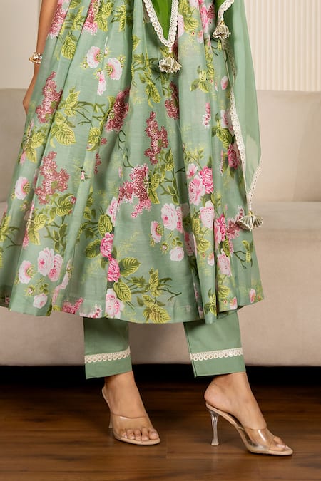 Yuvraani Jaipur Green Chanderi, Organza, Cotton Lace Halter Floral Printed Pista Anarkali Set at Aza Fashions Yuvraani Jaipur_Green Chanderi, Organza, Cotton Lace Halter Floral Printed Pista Anarkali Set _at_Aza_Fashions