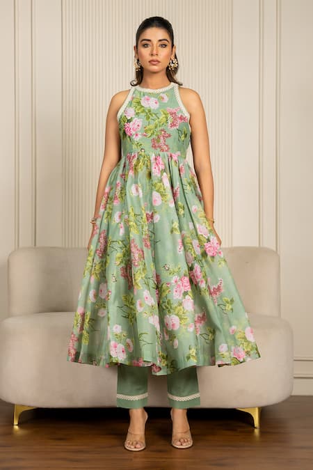 Shop_Yuvraani Jaipur_Green Chanderi, Organza, Cotton Lace Halter Floral Printed Pista Anarkali Set _at_Aza_Fashions