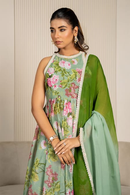 Buy_Yuvraani Jaipur_Green Chanderi, Organza, Cotton Lace Halter Floral Printed Pista Anarkali Set 