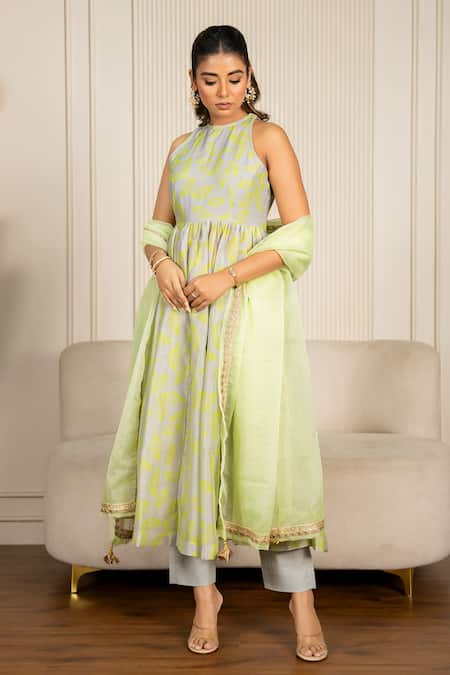 Shop_Yuvraani Jaipur_Green Chanderi, Cotton, Organza Lace Halter Neck Floral Printed Anarkali Set _Online_at_Aza_Fashions