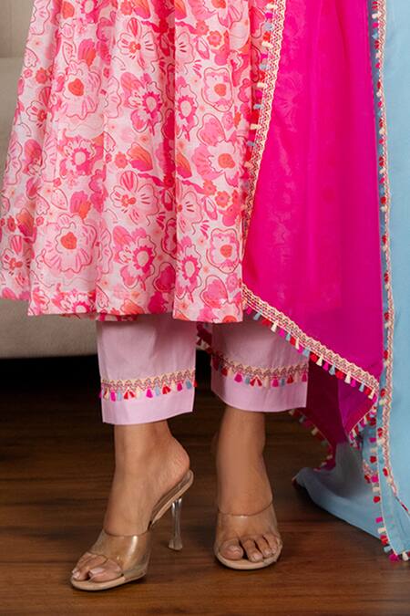 Buy Yuvraani Jaipur Pink Chanderi, Cotton, Organza Lace Halter Floral Printed Neon Anarkali Set Online at Aza Fashions Buy_Yuvraani Jaipur_Pink Chanderi, Cotton, Organza Lace Halter Floral Printed Neon Anarkali Set _Online_at_Aza_Fashions