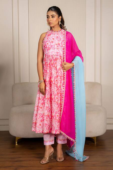 Shop_Yuvraani Jaipur_Pink Chanderi, Cotton, Organza Lace Halter Floral Printed Neon Anarkali Set _Online_at_Aza_Fashions