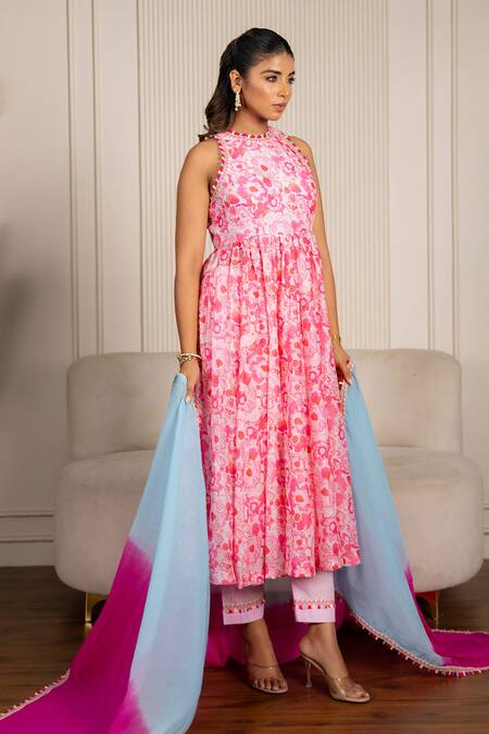 Yuvraani Jaipur_Pink Chanderi, Cotton, Organza Lace Halter Floral Printed Neon Anarkali Set _at_Aza_Fashions