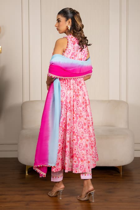 Yuvraani Jaipur_Pink Chanderi, Cotton, Organza Lace Halter Floral Printed Neon Anarkali Set _Online_at_Aza_Fashions
