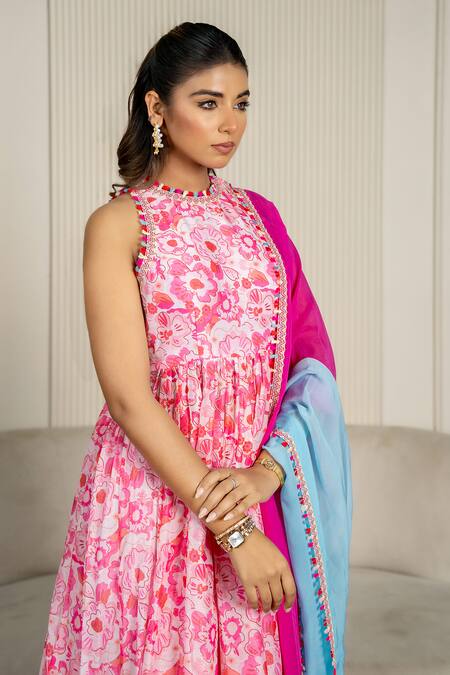 Buy_Yuvraani Jaipur_Pink Chanderi, Cotton, Organza Lace Halter Floral Printed Neon Anarkali Set 