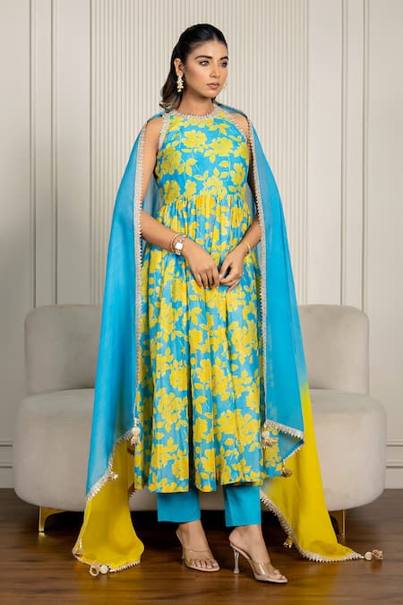 Yuvraani Jaipur_Teal Chanderi, Cotton, Organza Lace Halter Floral Printed Blue Anarkali Set _Online_at_Aza_Fashions