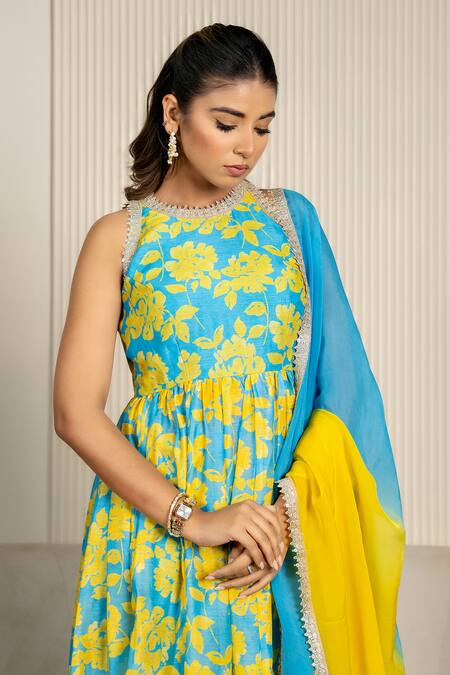 Yuvraani Jaipur_Teal Chanderi, Cotton, Organza Lace Halter Floral Printed Blue Anarkali Set _at_Aza_Fashions