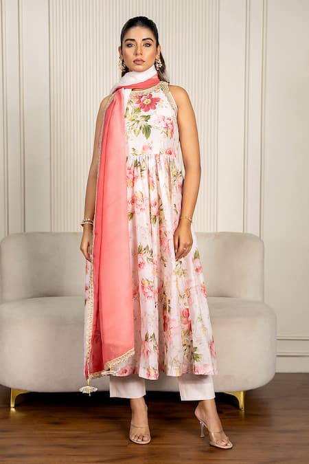 Shop_Yuvraani Jaipur_Peach Chanderi, Organza, Cotton Lace, Embroidery Floral Printed Anarkali Set _at_Aza_Fashions