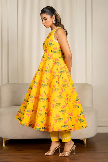 Shop_Yuvraani Jaipur_Yellow Chanderi, Cotton, Organza Lace Halter Neck Floral Printed Anarkali Set _Online_at_Aza_Fashions