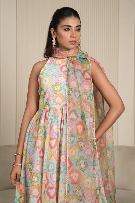 Buy_Yuvraani Jaipur_Multi Color Chanderi, Cotton, Organza Lace, Tassels Floral Printed Anarkali Set _Online_at_Aza_Fashions