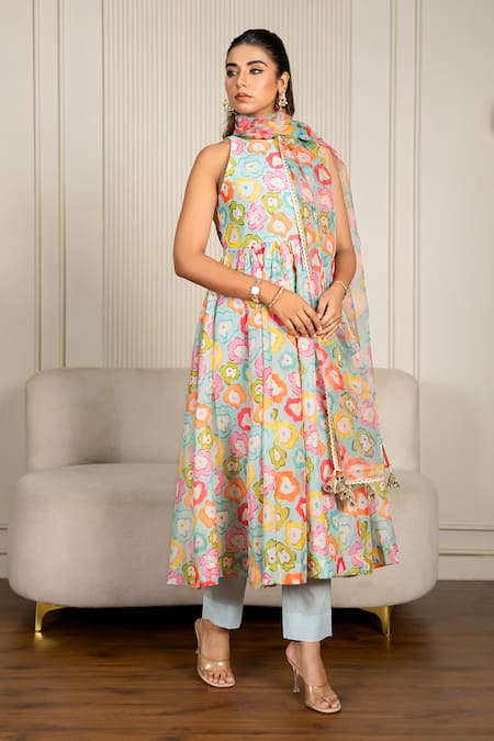 Shop_Yuvraani Jaipur_Multi Color Chanderi, Cotton, Organza Lace, Tassels Floral Printed Anarkali Set _at_Aza_Fashions