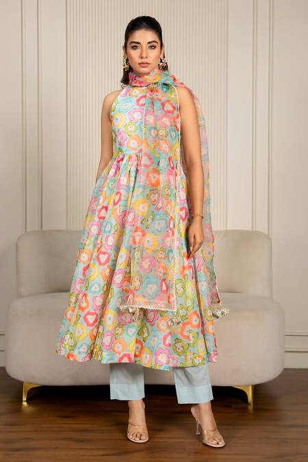 Shop_Yuvraani Jaipur_Multi Color Chanderi, Cotton, Organza Lace, Tassels Floral Printed Anarkali Set _Online_at_Aza_Fashions