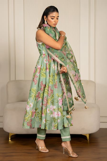 Shop_Yuvraani Jaipur_Green Chanderi, Organza, Cotton Lace, Floral Printed Pista Anarkali Set _Online_at_Aza_Fashions
