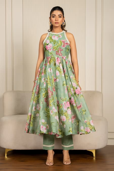Yuvraani Jaipur_Green Chanderi, Organza, Cotton Lace, Floral Printed Pista Anarkali Set _at_Aza_Fashions