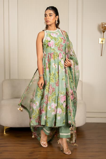 Shop Yuvraani Jaipur Green Chanderi, Organza, Cotton Lace, Floral Printed Pista Anarkali Set Shop_Yuvraani Jaipur_Green Chanderi, Organza, Cotton Lace, Floral Printed Pista Anarkali Set