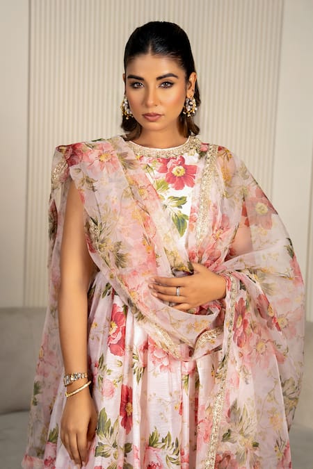 Shop_Yuvraani Jaipur_Peach Chanderi, Cotton, Organza Lace Halter Neck Floral Printed Anarkali Set 