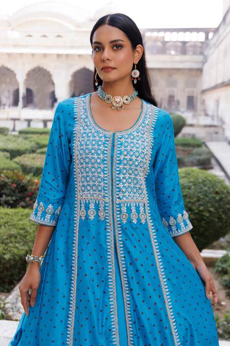 Shop Vinita Bhansali Blue Silk Sequins, Embroidery Round Neck Designer Kurta Lehenga Set Online at Aza Fashions Shop_Vinita Bhansali_Blue Silk Sequins, Embroidery Round Neck Designer Kurta Lehenga Set _Online_at_Aza_Fashions