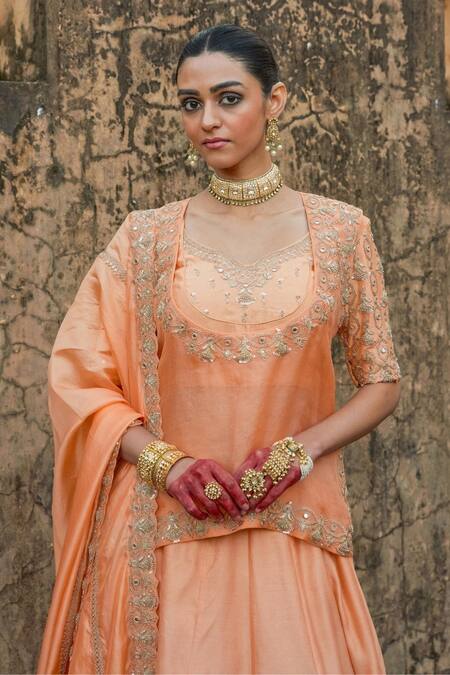 Vinita Bhansali Orange Silk Beads, Embroidery, Sequins Round Neck Lehenga Set Online at Aza Fashions Vinita Bhansali_Orange Silk Beads, Embroidery, Sequins Round Neck Lehenga Set _Online_at_Aza_Fashions