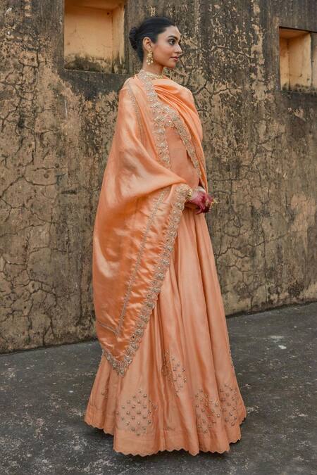 Vinita Bhansali Orange Silk Beads, Embroidery, Sequins Round Neck Lehenga Set at Aza Fashions Vinita Bhansali_Orange Silk Beads, Embroidery, Sequins Round Neck Lehenga Set _at_Aza_Fashions