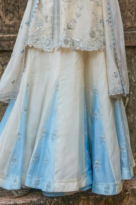 Shop Vinita Bhansali Cream Silk, Satin Embroidery, Sequins Keyhole Neck Fusion Lehenga Set Online at Aza Fashions Shop_Vinita Bhansali_Cream Silk, Satin Embroidery, Sequins Keyhole Neck Fusion Lehenga Set _Online_at_Aza_Fashions