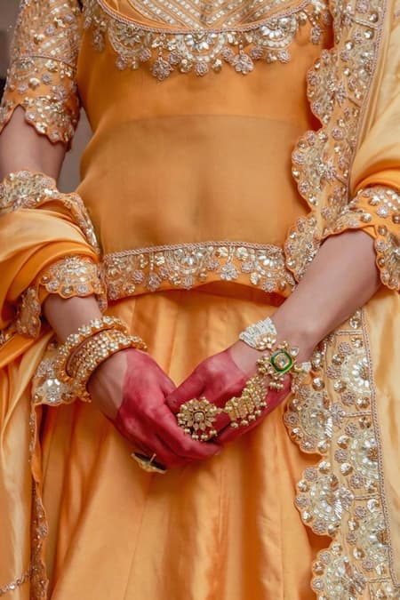 Vinita Bhansali_Yellow Silk Sequins, Embroidery Round Neck Rajputi Lehenga Set _Online_at_Aza_Fashions