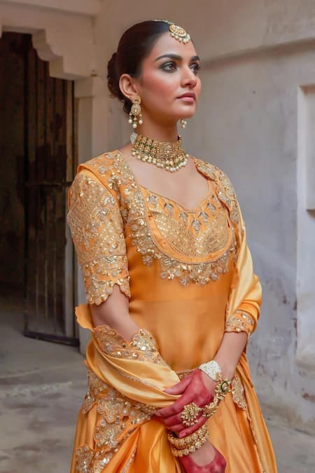 Buy_Vinita Bhansali_Yellow Silk Sequins, Embroidery Round Neck Rajputi Lehenga Set _Online_at_Aza_Fashions