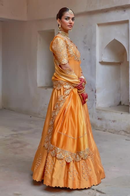 Shop_Vinita Bhansali_Yellow Silk Sequins, Embroidery Round Neck Rajputi Lehenga Set _Online_at_Aza_Fashions
