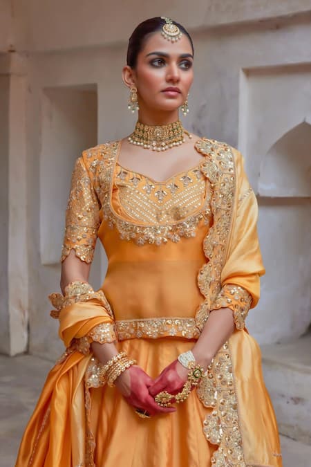 Vinita Bhansali_Yellow Silk Sequins, Embroidery Round Neck Rajputi Lehenga Set _at_Aza_Fashions